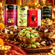 Chocolate coated almonds, kesar-pista almonds and chocolaty dry fruits close-up