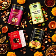 Effete Diwali combo flat lay with diyas and marigold