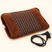Electric hot water bag with soft brown velvet cover and charging cord