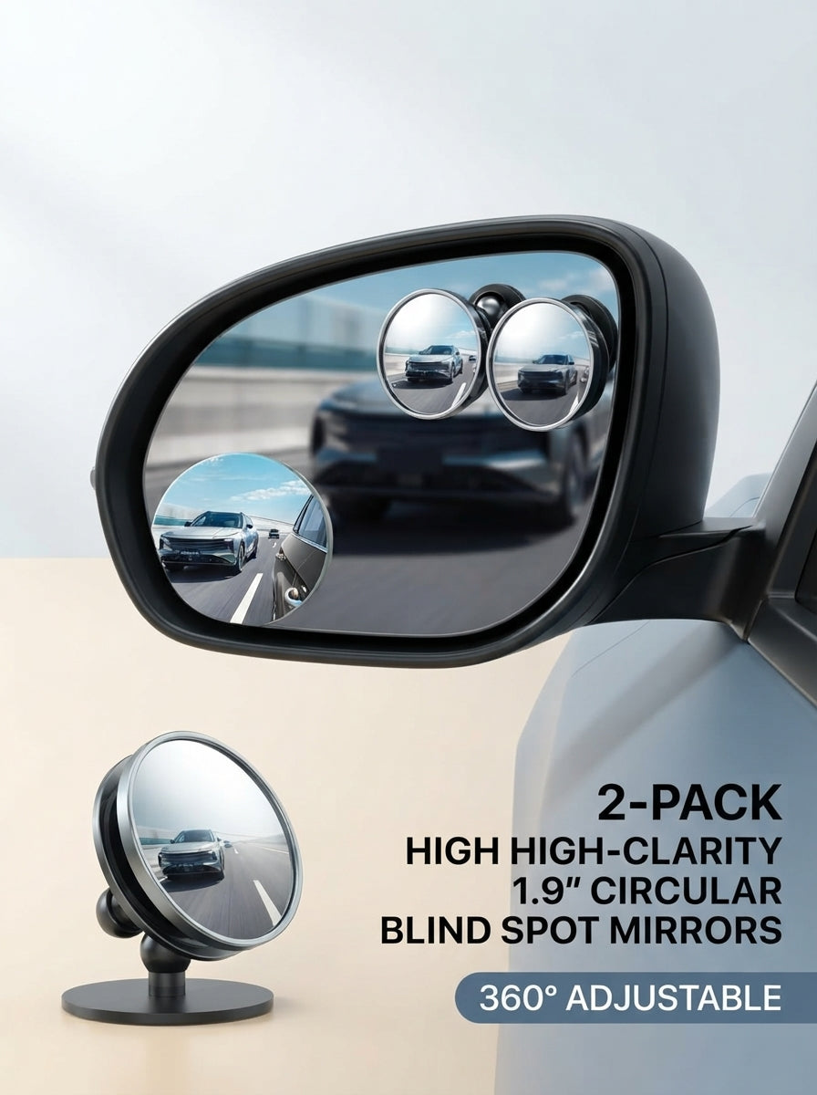 Two 360-degree adjustable circular blind spot mirrors attached to a car side mirror against a clean professional background.